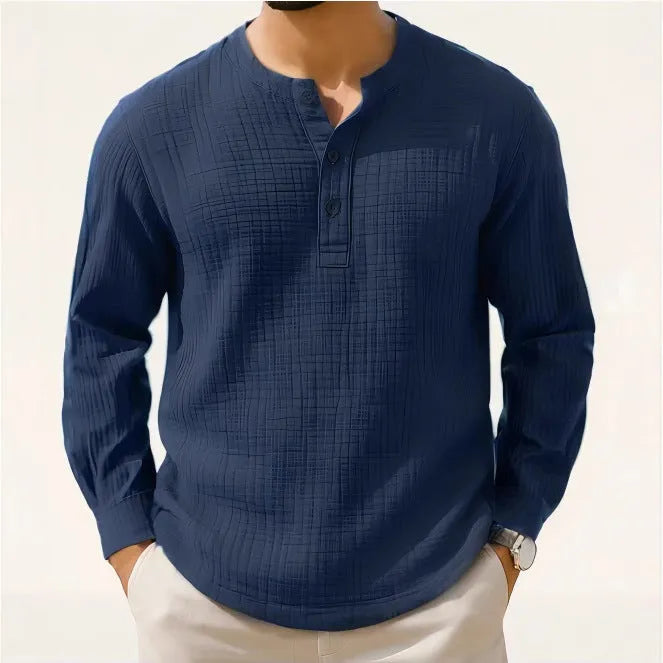 Long sleeve cotton linen pullover shirt in slim fit with 3/4 sleeves in a solid colour.