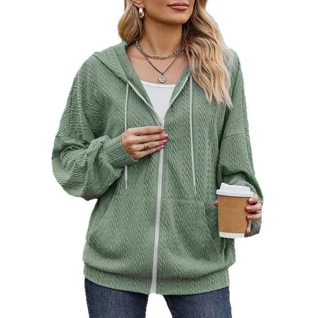Green women's hooded zip-front casual coat in Japanese Korean style with loose fit