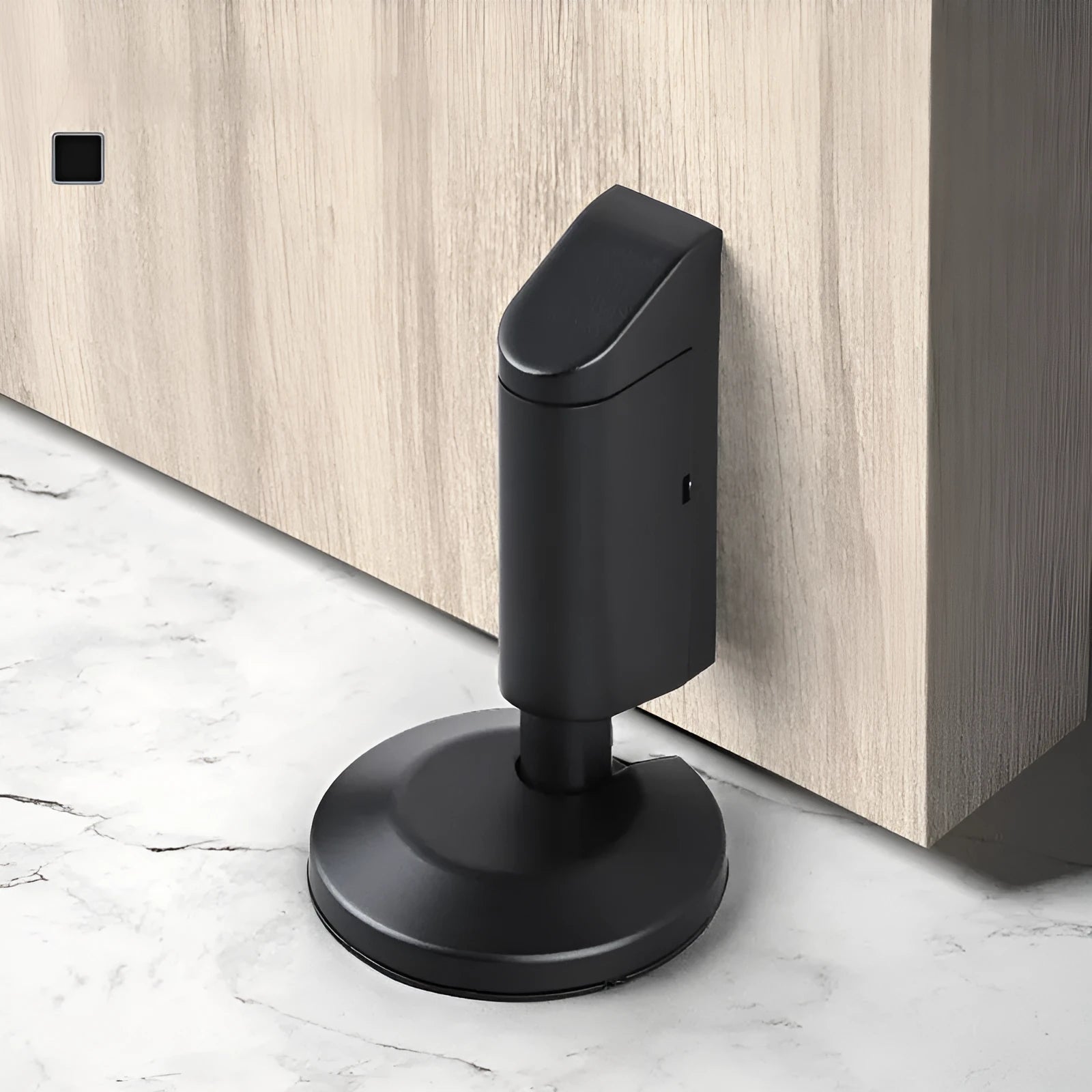 Zinc alloy invisible door stopper in brushed nickel finish on a wooden floor