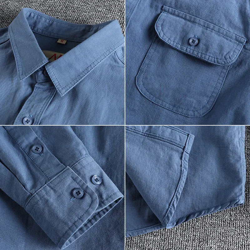 Men's solid colour long sleeve cotton shirt in cardigan style, shown in light blue.