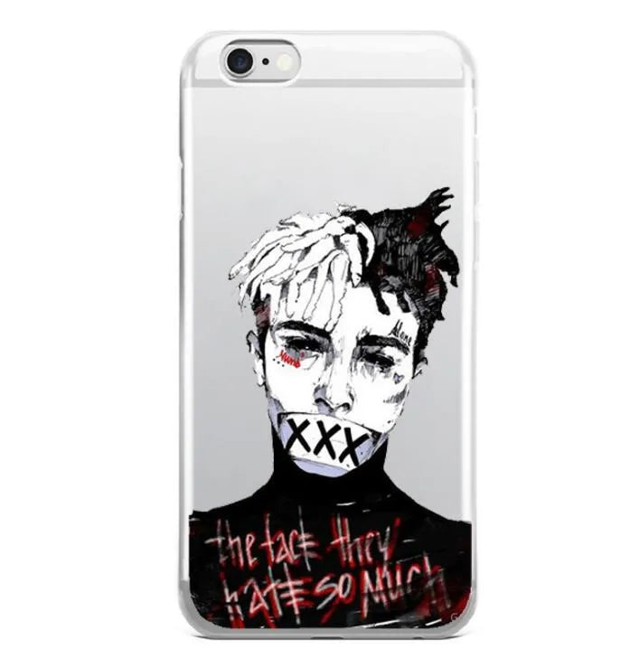 Compatible half-wrapped iPhone case with Xxxtentacion patterned design in transparent matte finish.