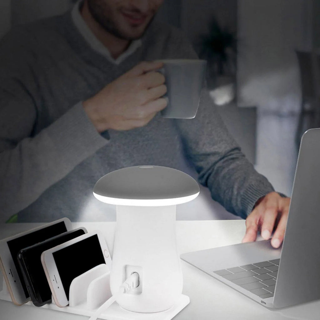 Mushroom-shaped white LED desk lamp with 5 USB charging ports for phones and tablets