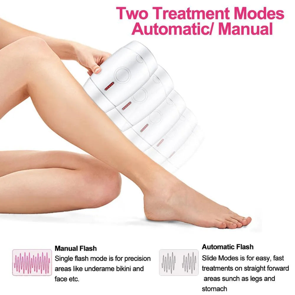 White home laser hair removal device with display screen and attachment head on a white background.
