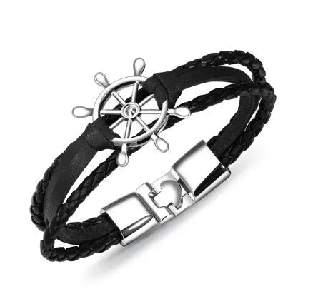 Alloy leather charm bracelet with black clasp fastening in brown colour option