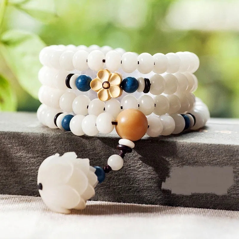 White Jade Bodhi Beads Long Bracelet with 6x8mm beads in multiple style options.