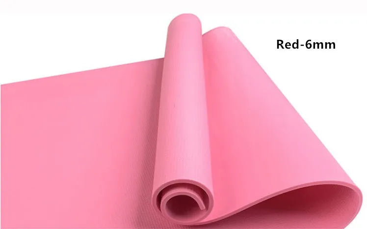 Red and blue EVA fitness yoga mats showing 4mm and 6mm thickness options on a wooden floor.