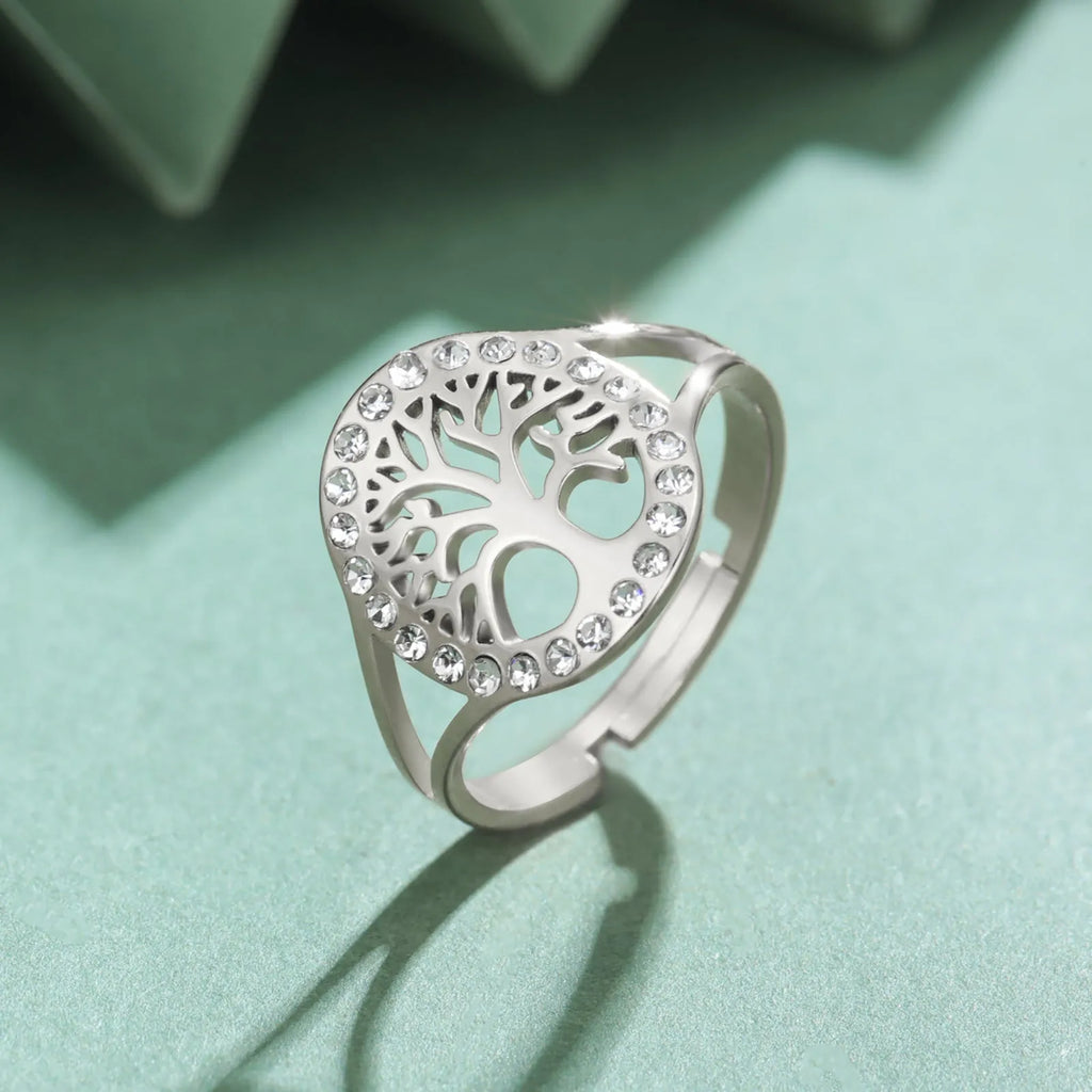 Hollow tree open ring stainless steel gold colour adjustable fit