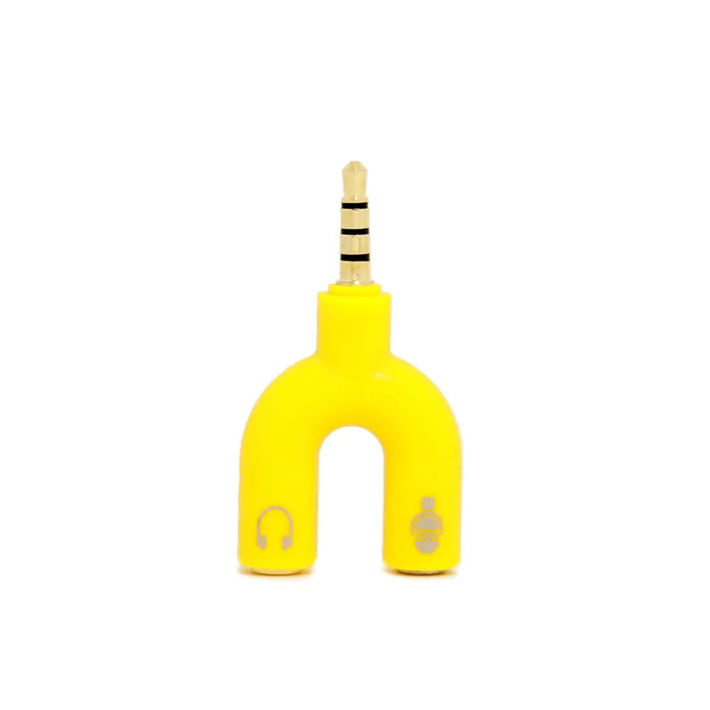 3.5mm audio splitter adapter in six colours for mobile phone, laptop, and tablet connection