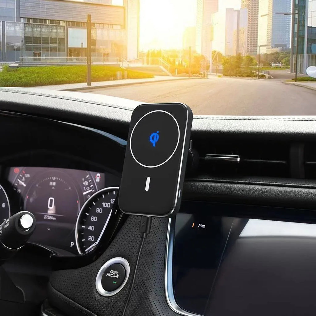 Black M6 magnetic wireless car charger bracket with LED indicator for dashboard or windscreen mounting