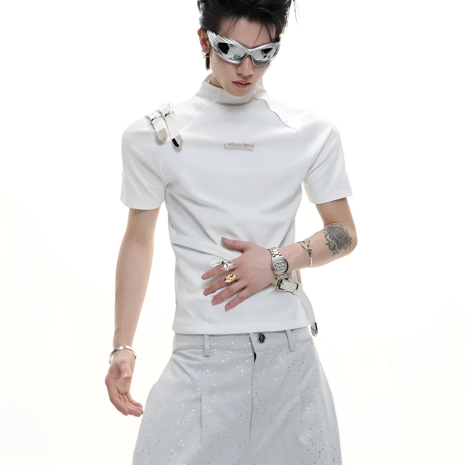 Men's black cotton T-shirt with metal belt design detail and stand-up collar in slim fit