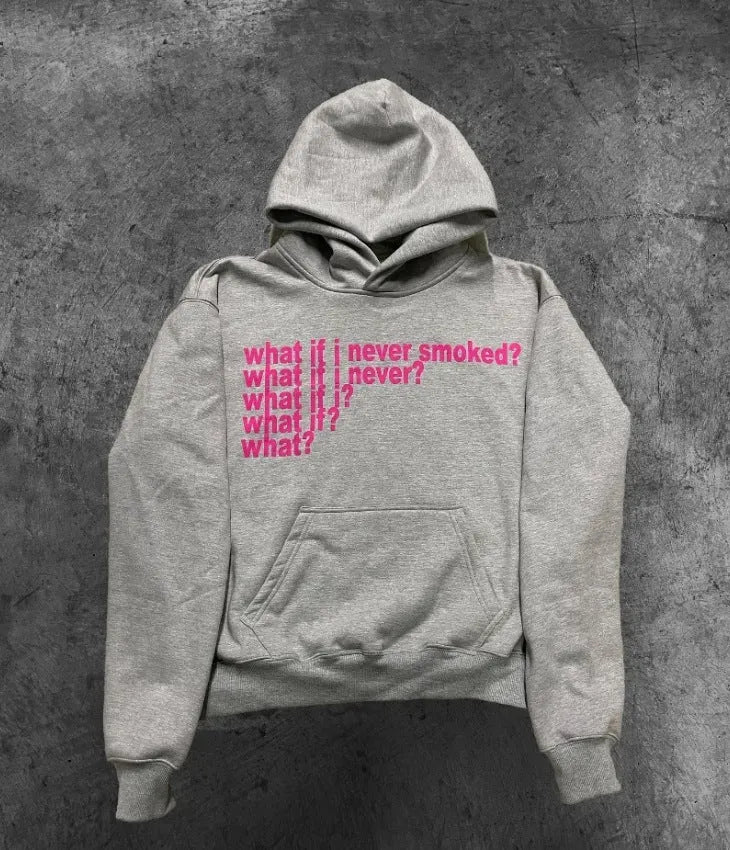 Black hooded sweater with white letter print design on front, showing pullover style with regular sleeves