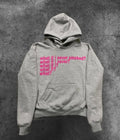 Black hooded sweater with white letter print design on front, showing pullover style with regular sleeves