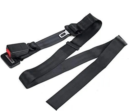 A beige press buckle maternal car seat belt support wrapped around a grey car seat.