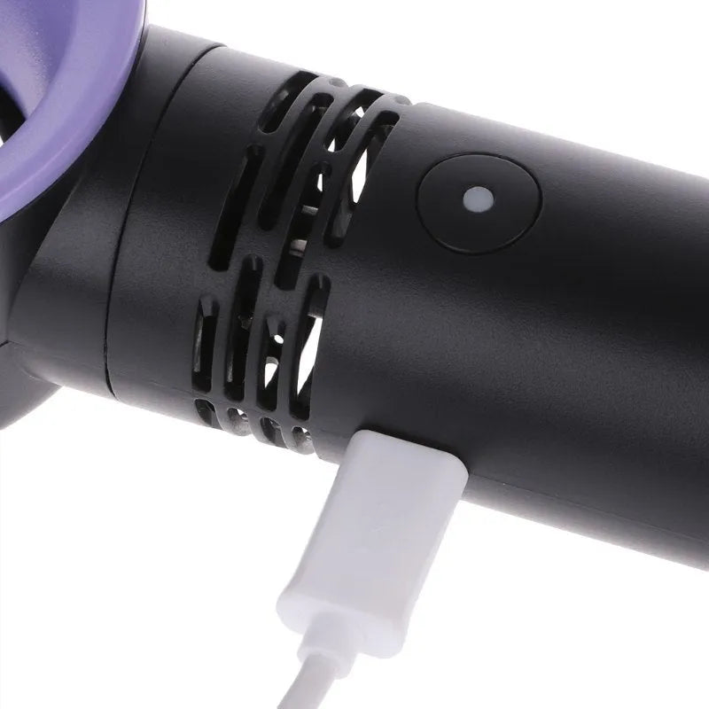 Compact portable bladeless desk fan with USB cable and base, shown in blue.