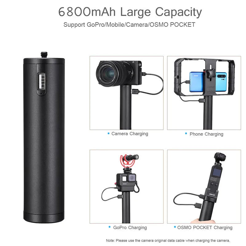 Black aluminium alloy portable power bank with built-in handle showing 6800mAh capacity