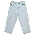 Men's straight-leg jeans with retro pattern printing in dark blue, black, or light blue polyester denim