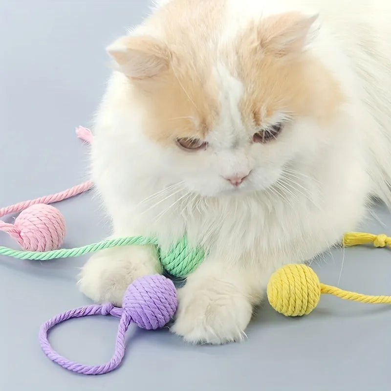 Cat toy ball with rope and bell in green, pink, purple, or yellow colour, small 3cm or medium 6cm size