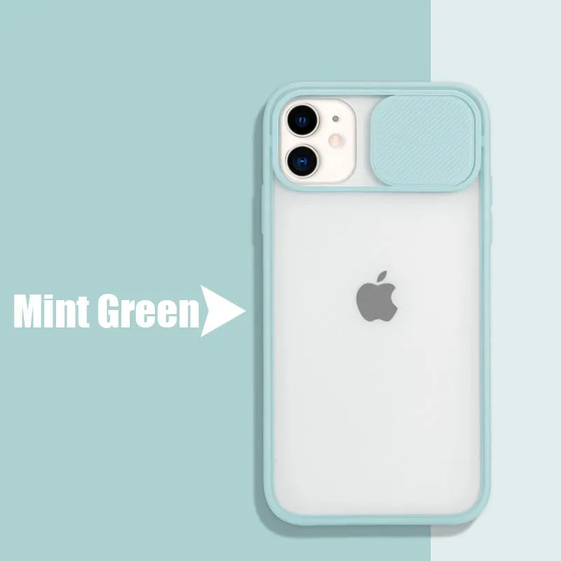 Frosted frame silicone phone case for iPhone in various colours including blue, pink, and black.