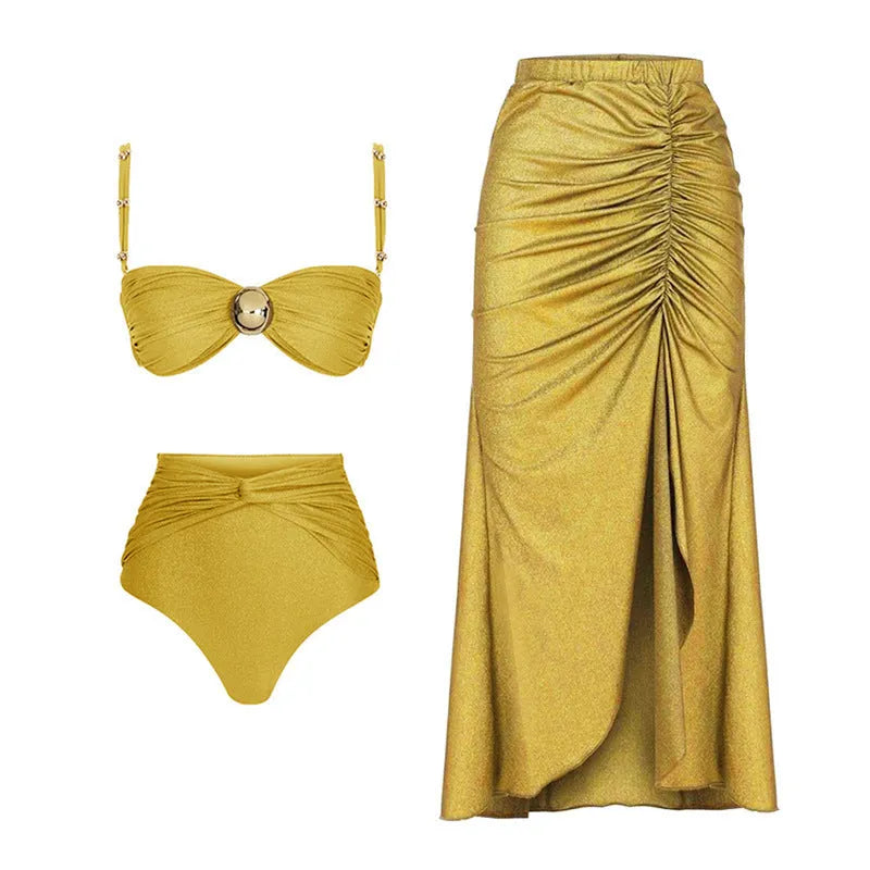 Yellow and green women's high waist two-piece bikini swimsuit with a separate skirt laid flat.