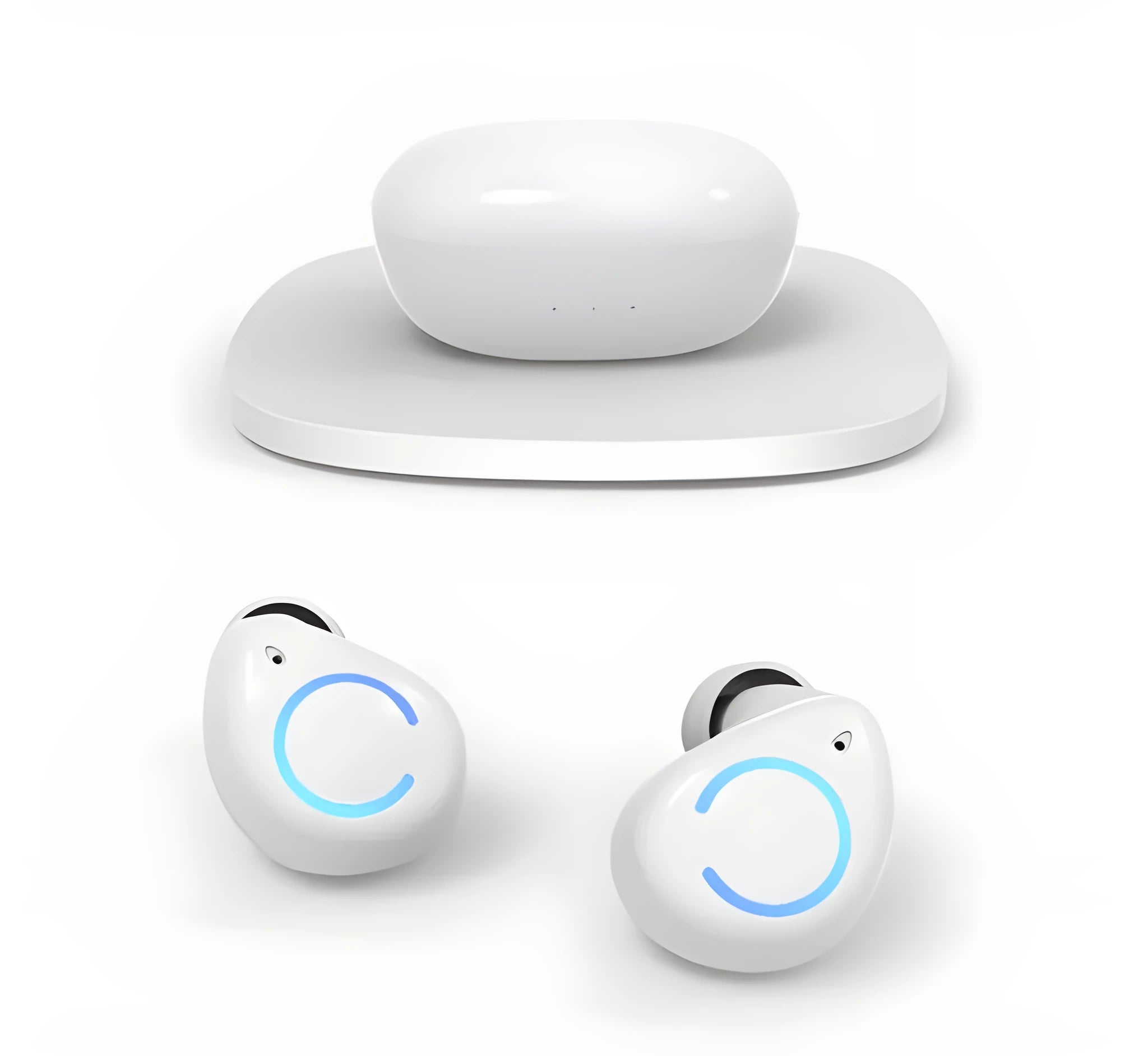 Black and white M18 true wireless in-ear stereo headphones with charging case.