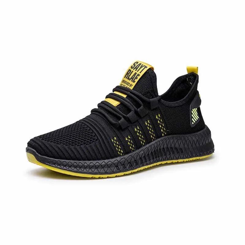 Men's black flying weave sports shoes with cross strap design and round toe