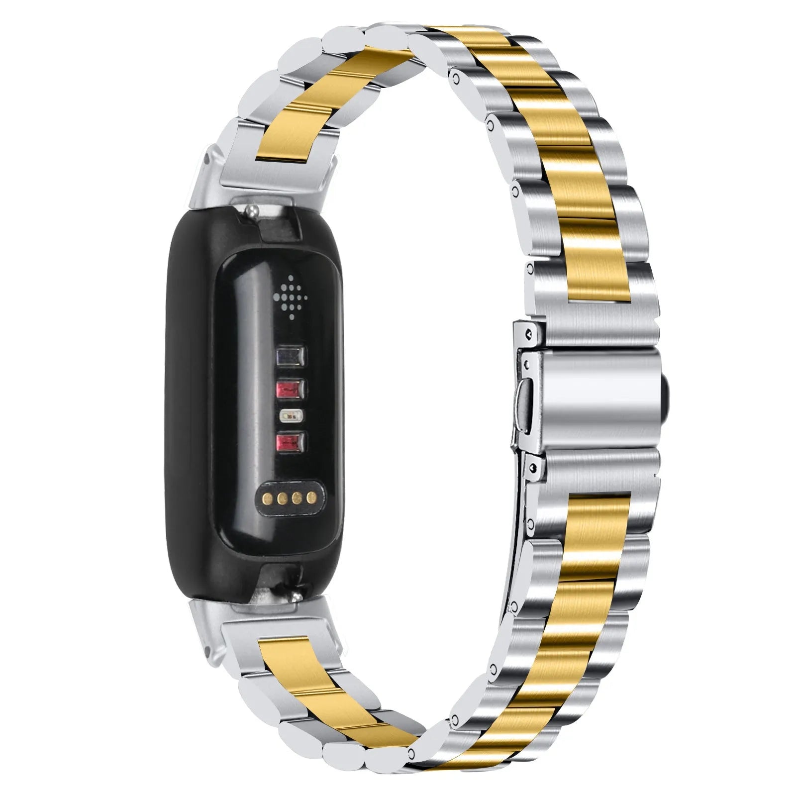 Stainless steel three-bead watch strap for Fitbit Inspire 3 fitness tracker showing adjustable clasp and bead detail