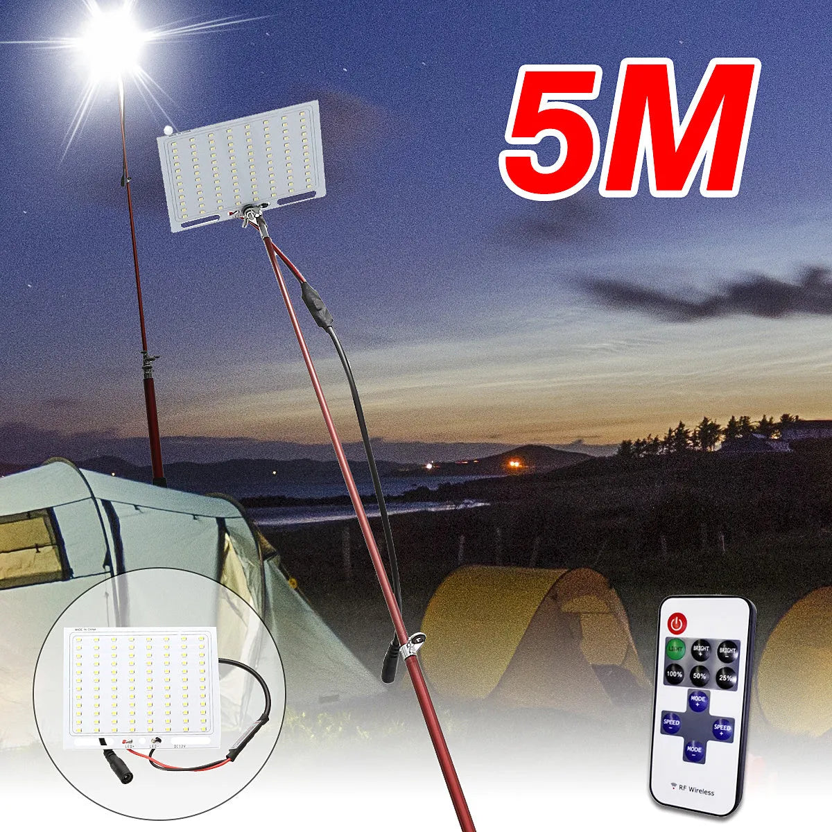 White LED fishing rod light with telescopic pole and remote control for outdoor night fishing and camping