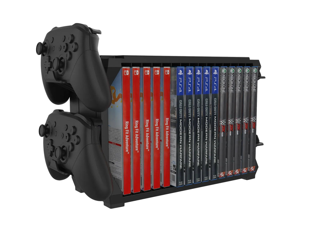 Black PS5 and Xbox Series X disc holder with integrated controller stand organising game cartridges
