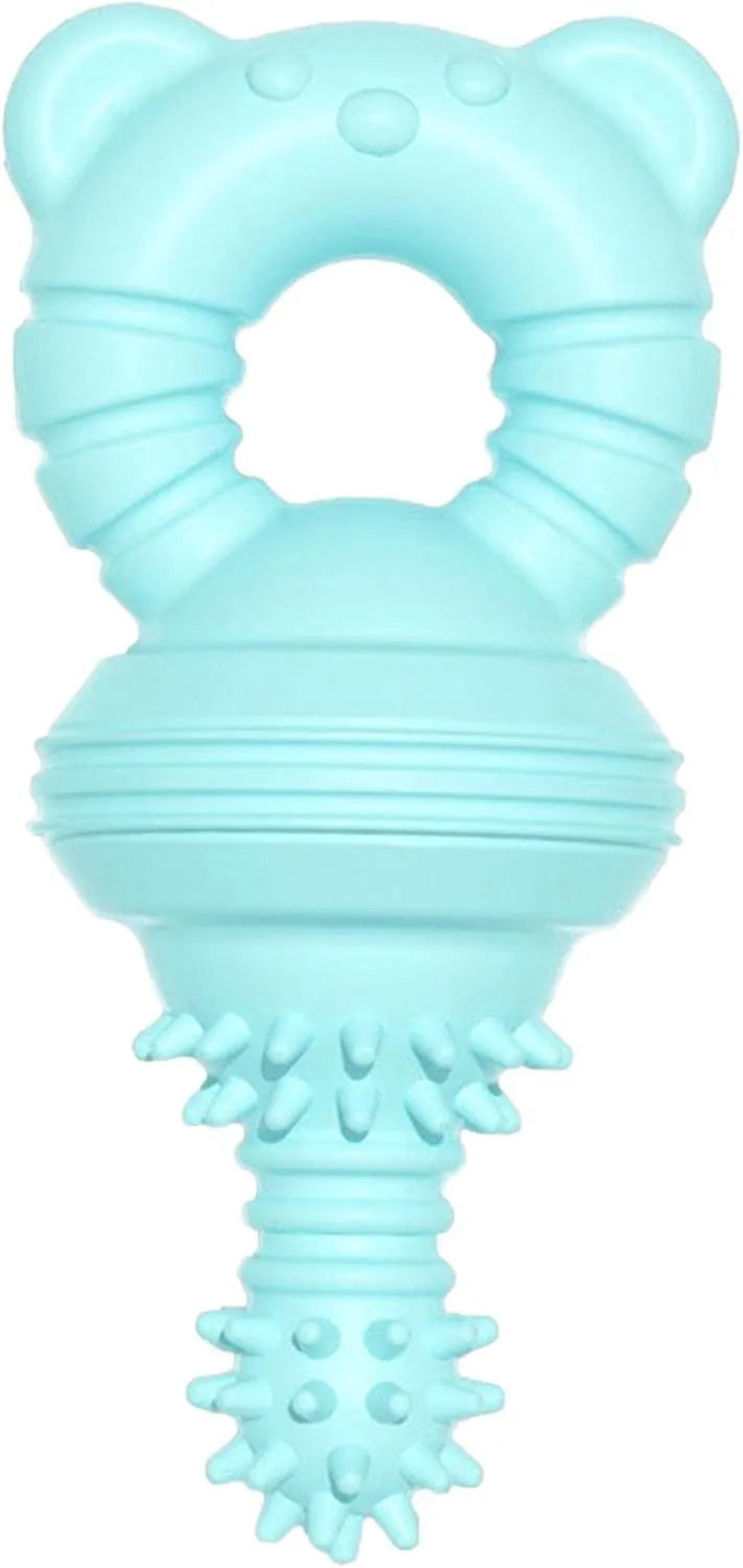 Blue rubber dog chew toy with bell and concave-convex molar design for teeth cleaning.