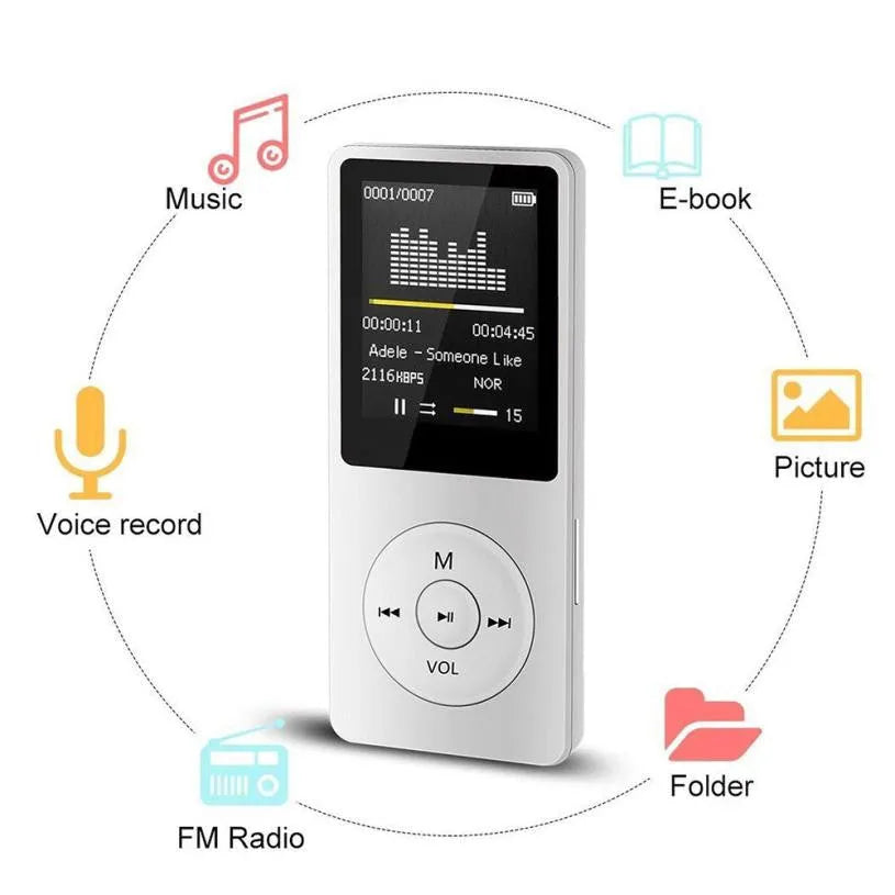 Portable black MP3 player with 1.8-inch TFT display, showing on-screen menu