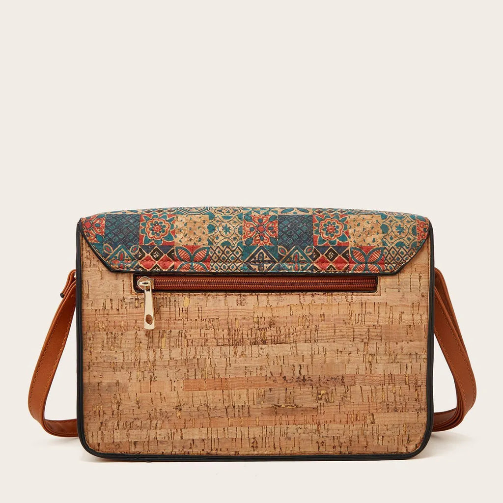 Women's printed one-shoulder crossbody bag in PU leather showing colour options: pansy, square print, grass flower, green.
