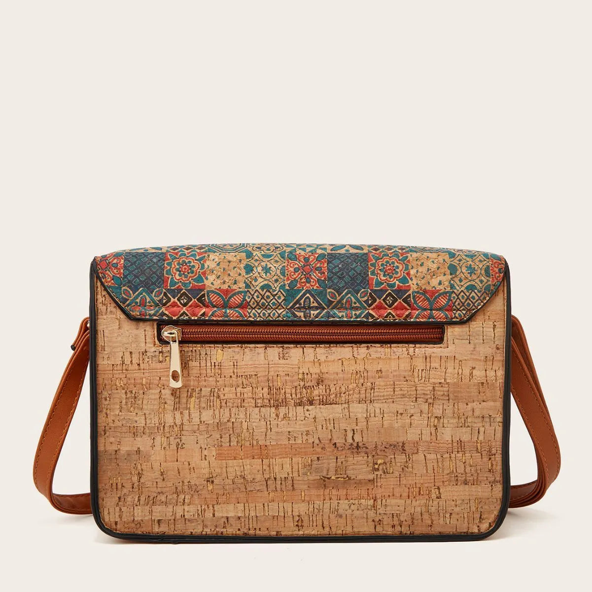 Women's printed one-shoulder crossbody bag in PU leather showing colour options: pansy, square print, grass flower, green.