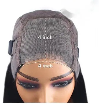 A long, straight, glueless human hair wig with side bangs, shown in a natural style.