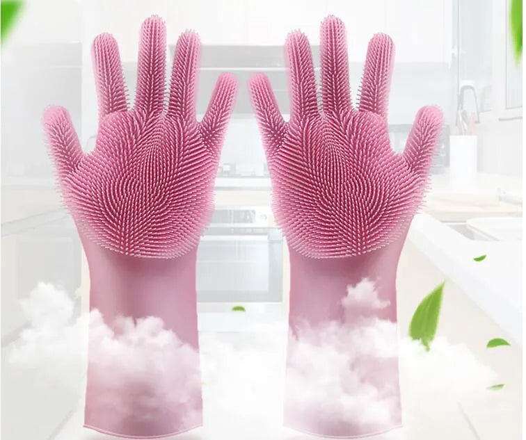 Blue silicone scrubbing gloves showing textured palm and finger surfaces for cleaning