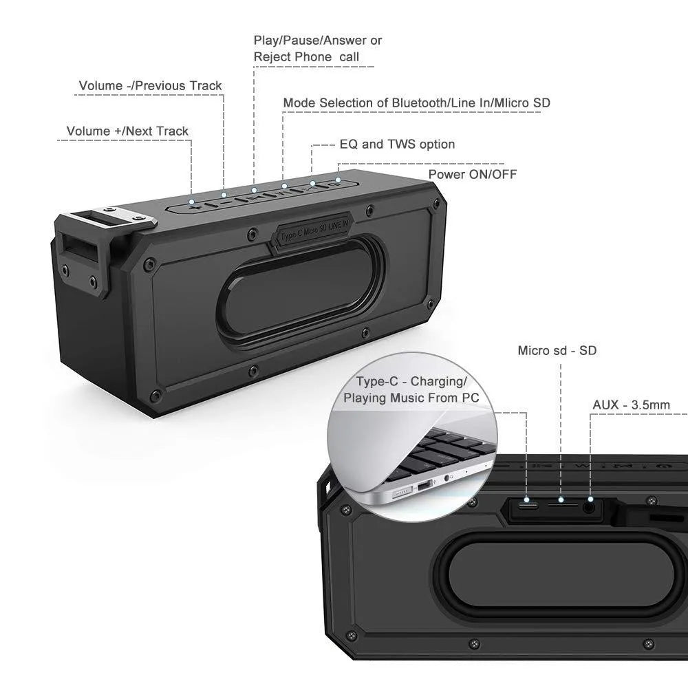 X3 PRO outdoor waterproof Bluetooth speaker in black or blue with climbing rope accessory