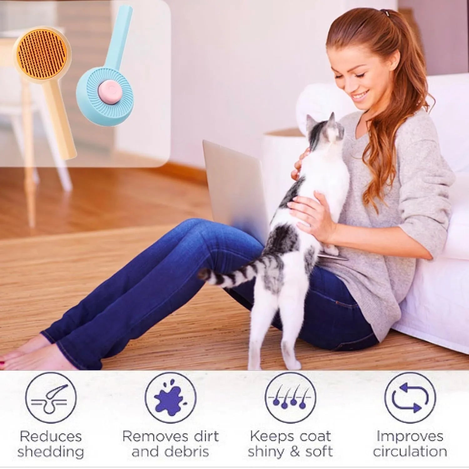 Blue self-cleaning pet grooming brush with metal pins and a button for hair removal