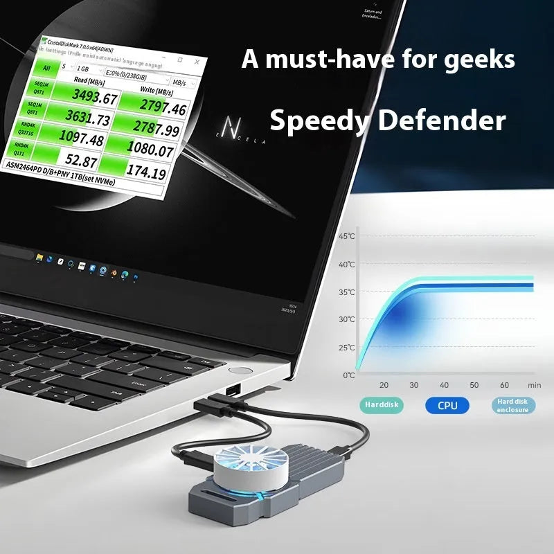 Black aluminium USB4 external hard drive enclosure for NVMe M2 SSDs, shown next to a Type-C cable.
