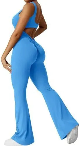 Women's sleeveless flare jumpsuit for yoga and fitness in high-elasticity polyester fabric.