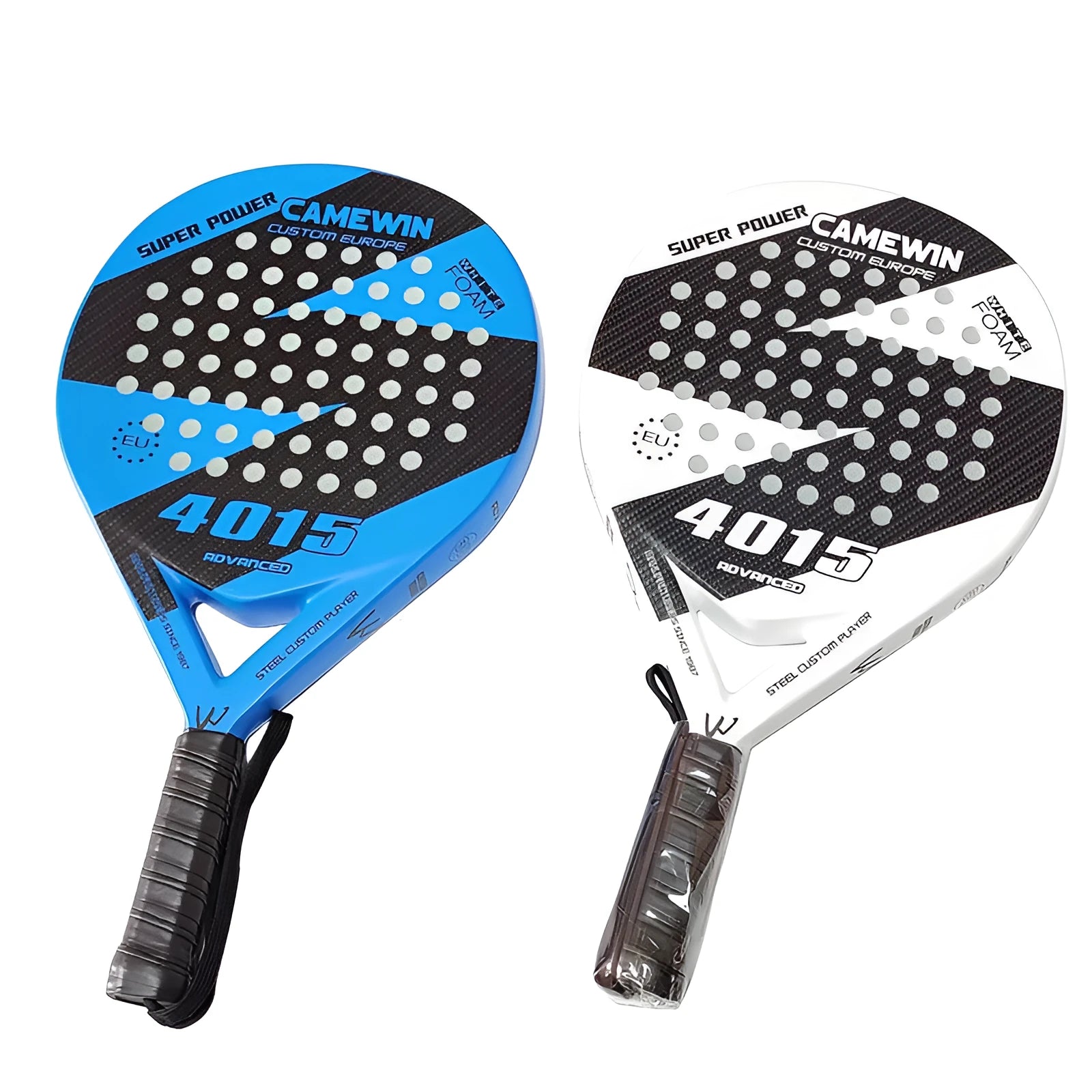 Beach tennis racket in blue with carbon fibre frame and EVA foam core, 45-47cm length, 360g weight