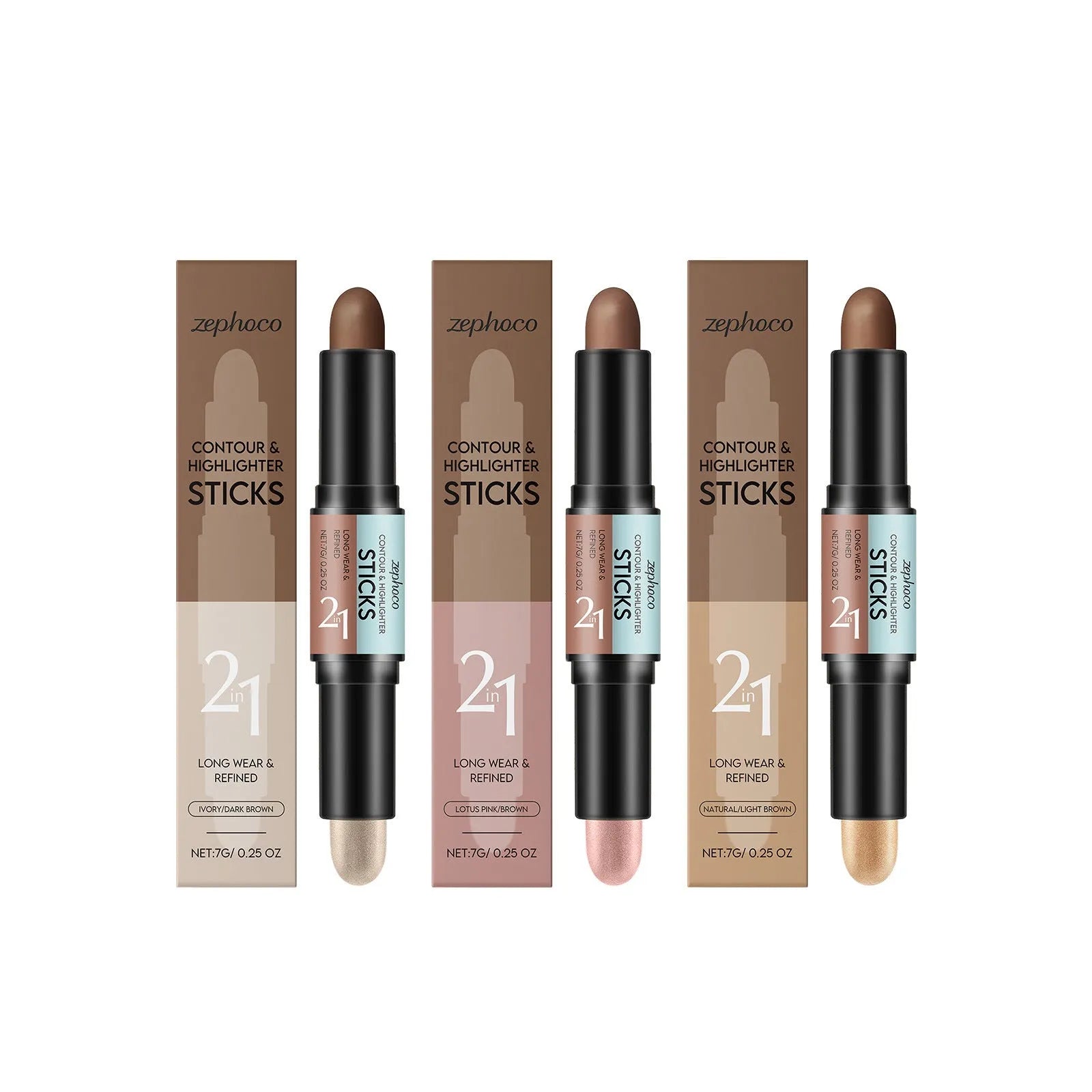 2-in-1 dual-ended brow highlighter pencil in brown shades with outlining and highlighting ends