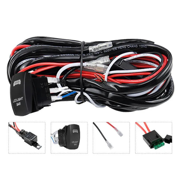 Black off road LED spotlight wiring harness with switch, 2 metres long
