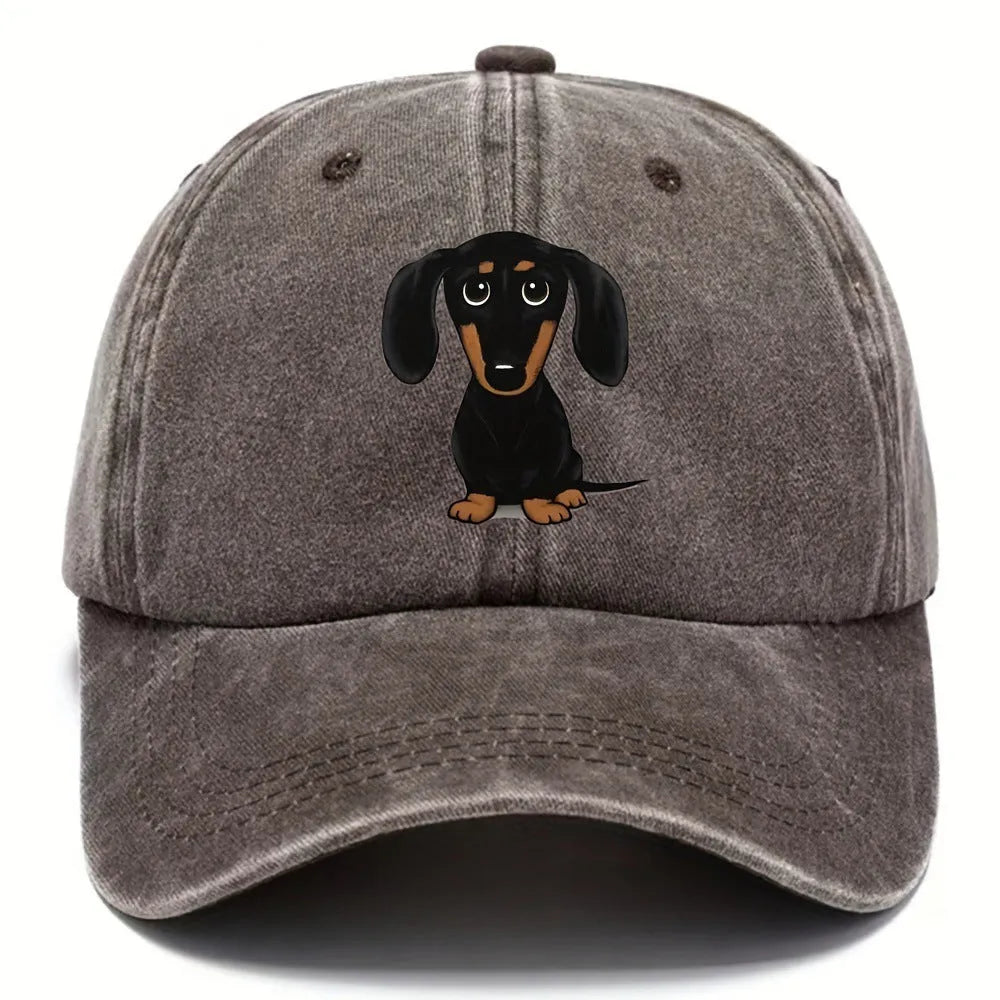 Retro washed baseball cap with embroidered dachshund design on cotton fabric