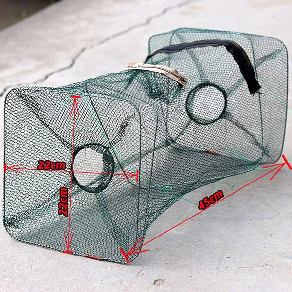 Two-hole folding lobster basket made from nylon with collapsible design and red plastic tube option for saltwater fishing