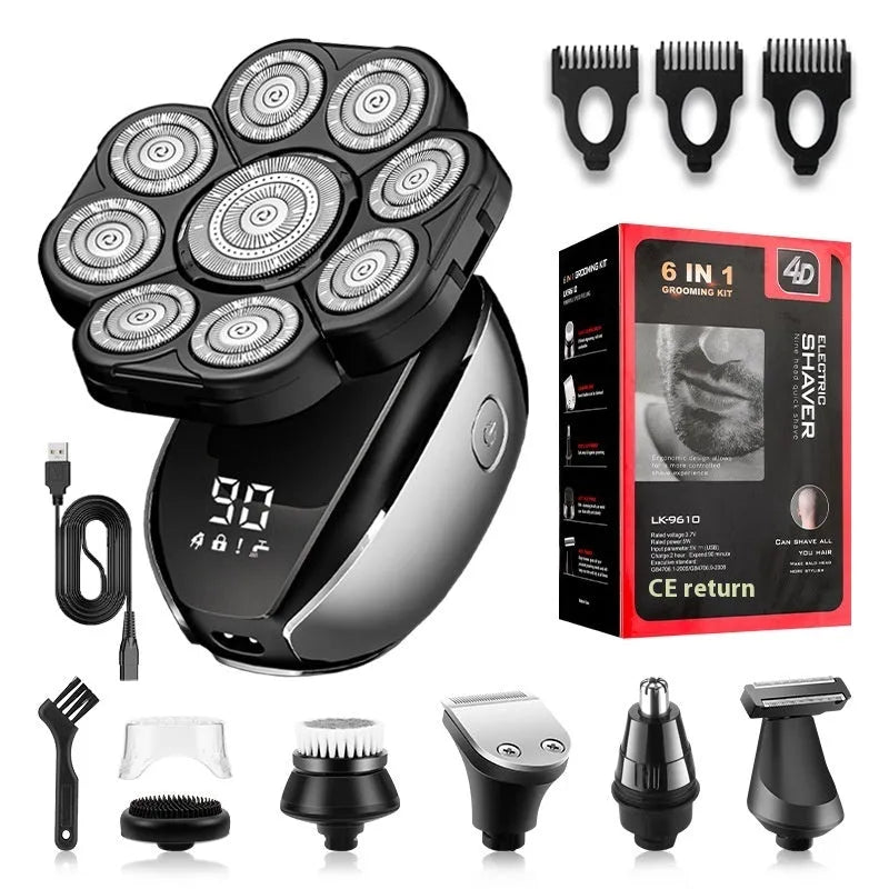 Black 6-in-1 multifunctional rechargeable hair clipper and shaver kit with attachments on a white background.