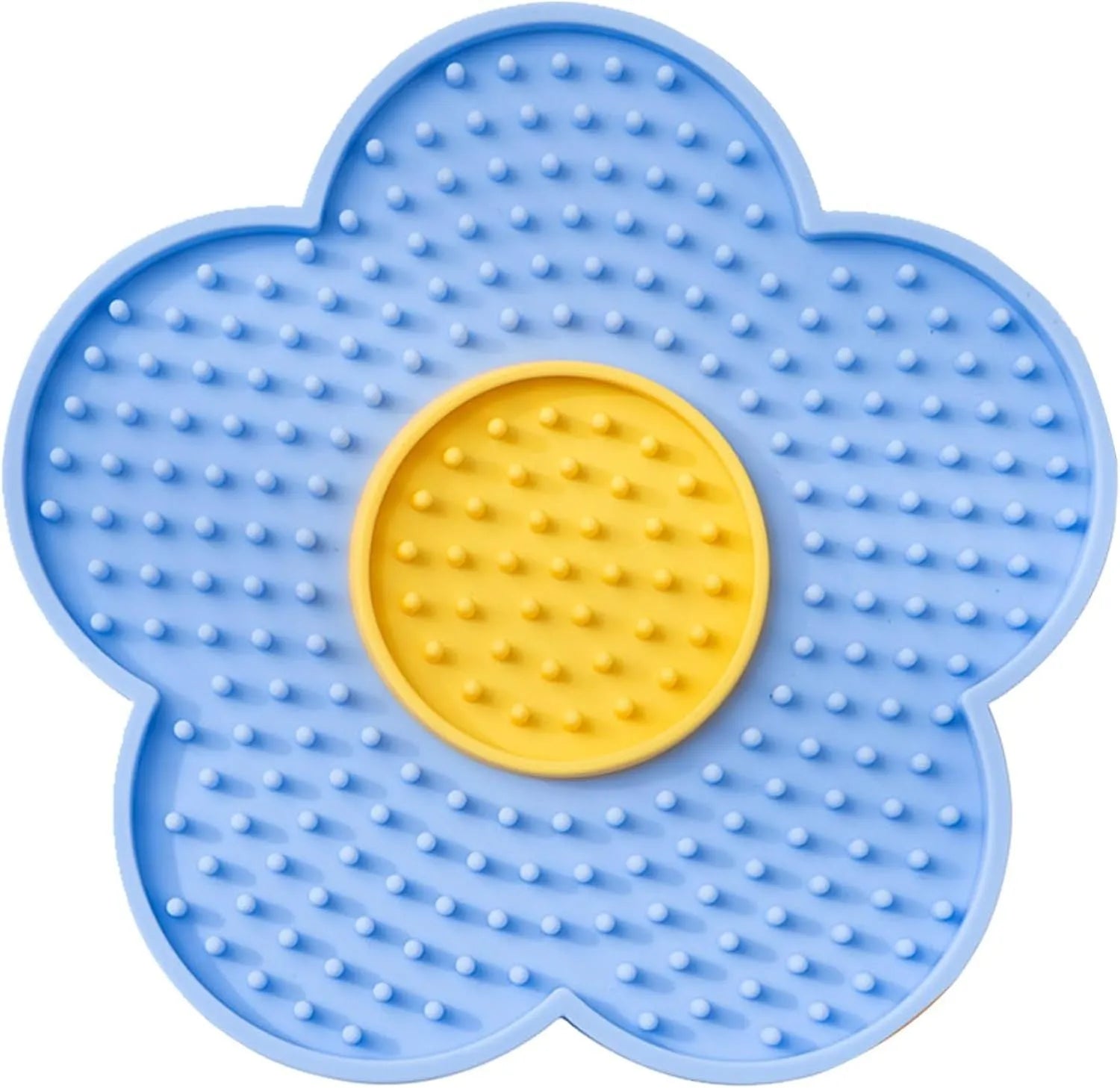 Flower-shaped silicone lick pad for cats and dogs with multiple suction cups on the back, shown in a choice of colours.