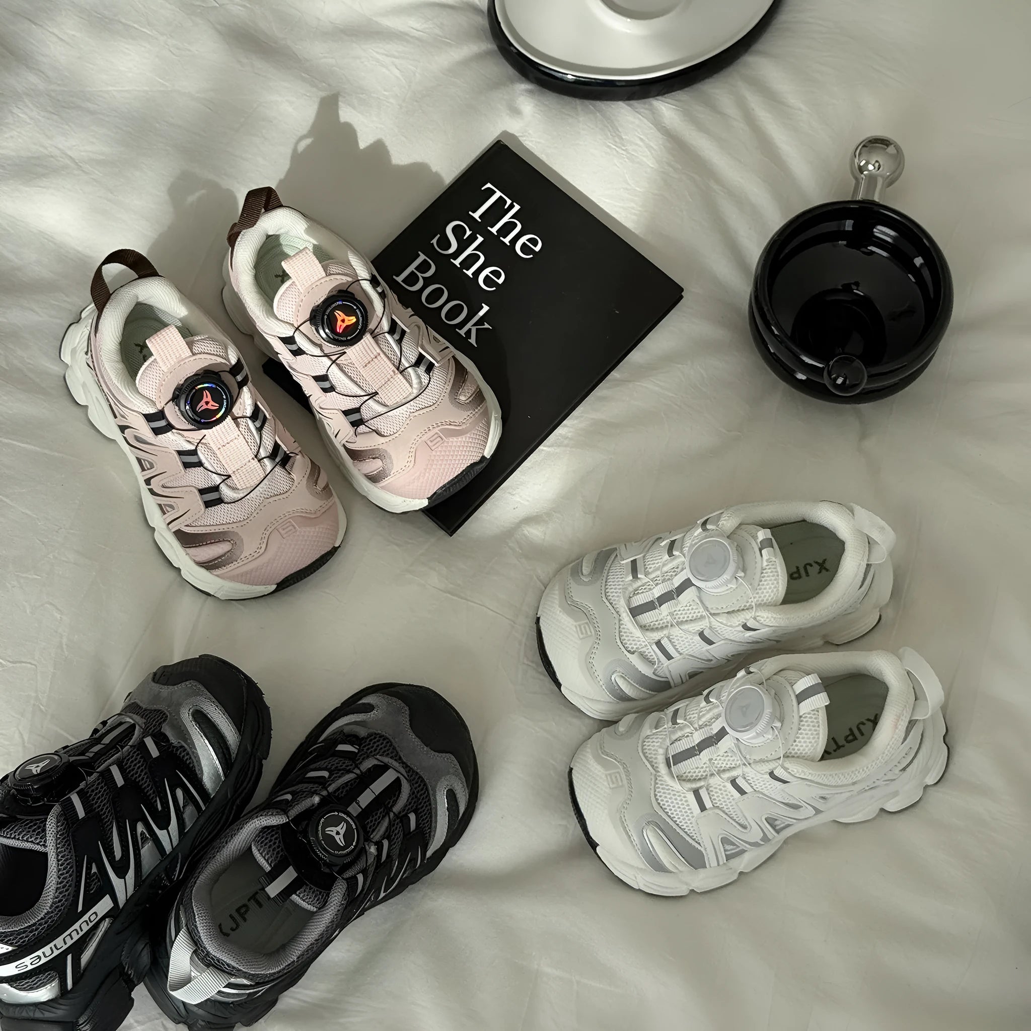 Girls' casual breathable mesh slip-on flats in black, beige, and pink colours