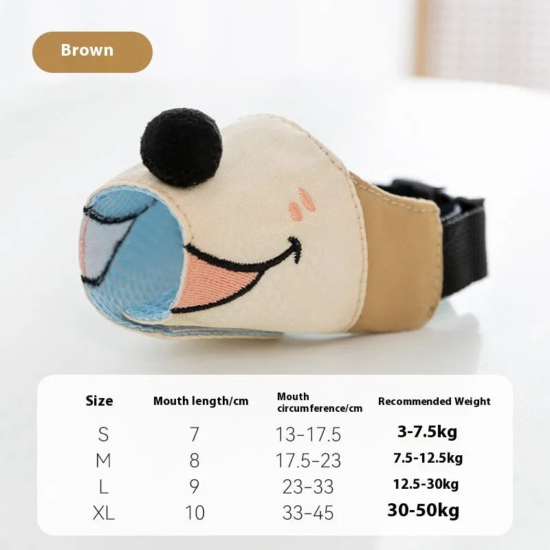 Canvas basket-style dog muzzle in Ollie Brown Bear colour shown on a medium-sized dog.