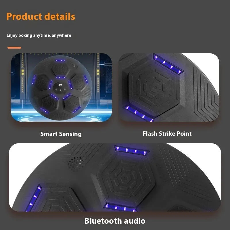 Smart music boxing machine reaction target with LED lights hanging on wall, includes boxing gloves