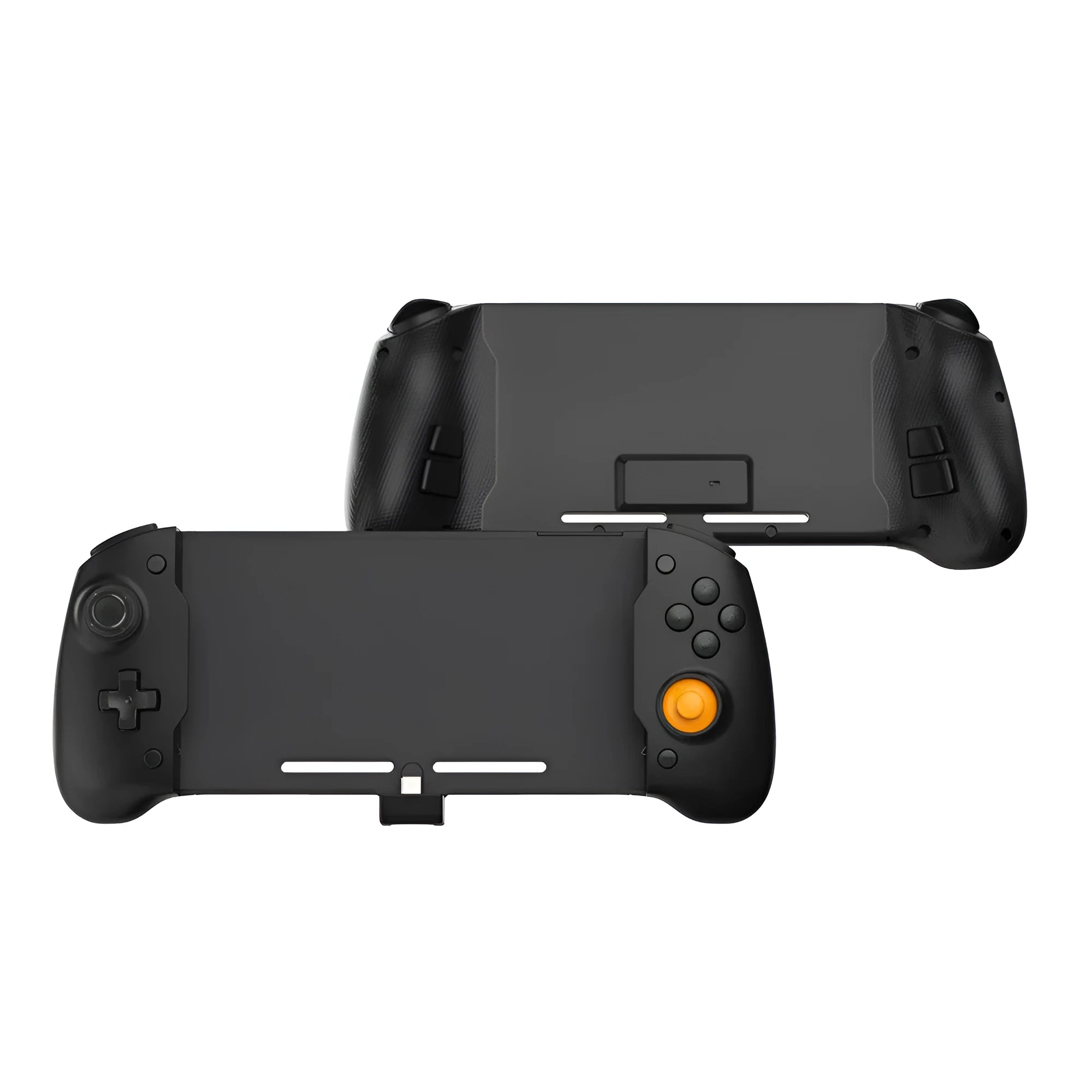Black portable Switch gamepad attached to Nintendo Switch OLED console showing controller layout