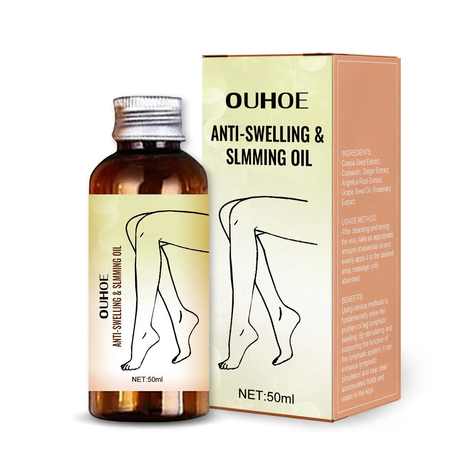 50ml bottle of moisturising essential oil with six extracts for body skin care and leg massage